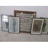 A framed cigarette card picture of Motor Cars along with 4 "Spy" prints