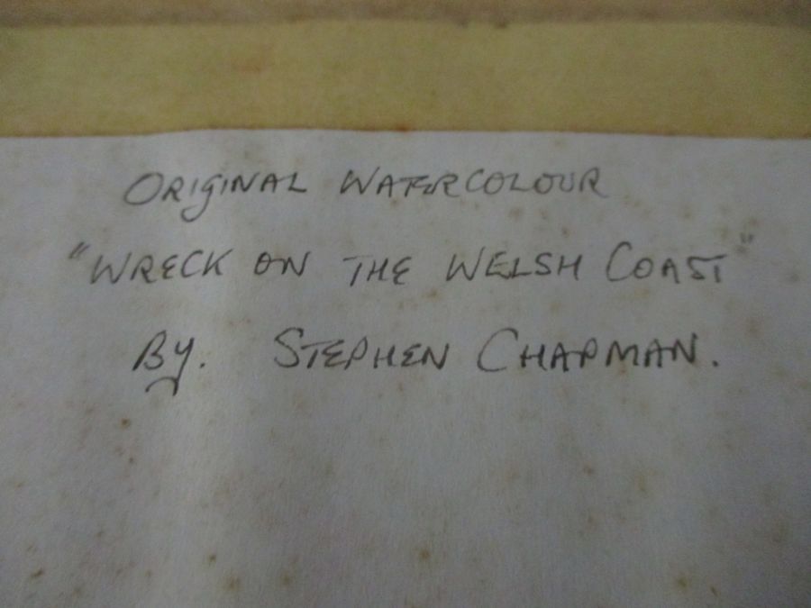 A watercolour of "Wreck on the Welsh Coast" by Stephen Chapman along with an oil of a harbour - Image 6 of 11