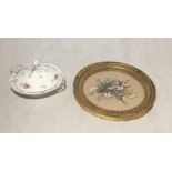 A gilt framed watercolour of a chaffinch along with a Victorian porcelain terrine decorated in a