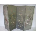 A Victorian four fold screen on canvas with hand painted birds and floral scenes