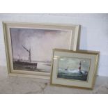 A watercolour of "Wreck on the Welsh Coast" by Stephen Chapman along with an oil of a harbour