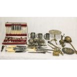 A collection of silver plated cutlery, Pewter tankards, brassware etc