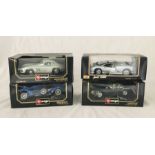 Burago 1:18 scale model vehicles - Mercedes Benz 300SL, Bugatti Type 59, Jaguar E Cabriolet and a