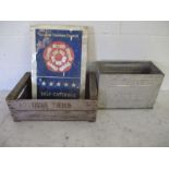 A Walls ice cream aluminium crate, a "Tissot Freres" wooden crate and a double sided flanged English