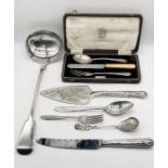 A hallmarked silver Christening set along with a small quantity of silver plated cutlery including a