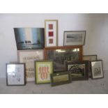 A collection of various pictures, mirror etc.