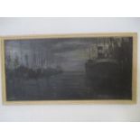 An oil painting of a harbour scene by Nicolas Baker. 126cm x 65cm