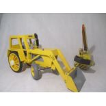 Two handmade metal and wooden children's toys, in the form of a fully adjustable JCB and crane, both