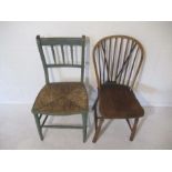 A Windsor stickback chair, along with a painted faux bamboo rush seated chair