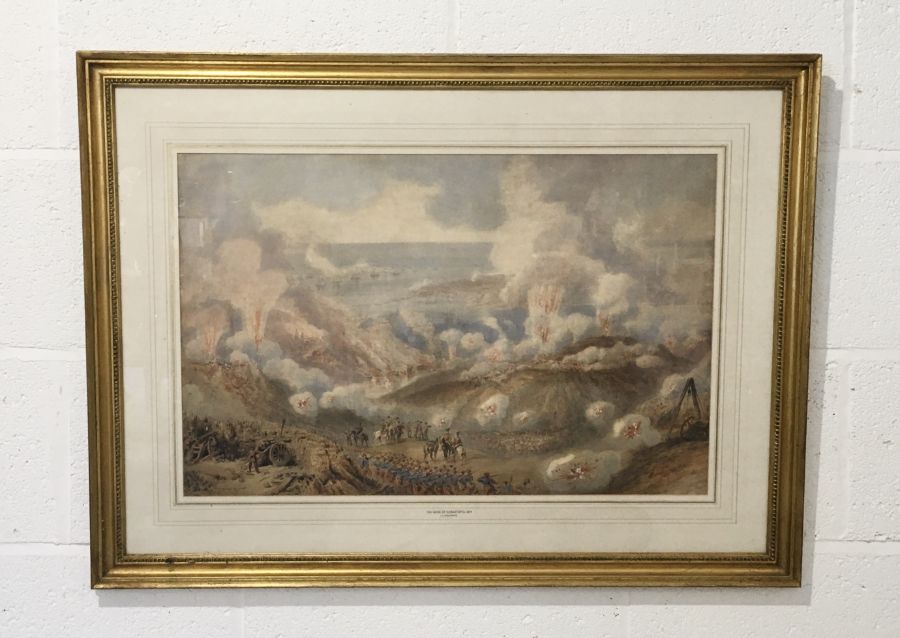 A framed watercolour of "The siege of Sebastopol 1854" by J A Shearinde. (60cm x 80cm)