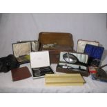 A collection of various items including an oak tray with silver shield, Yashica-16 sub miniature
