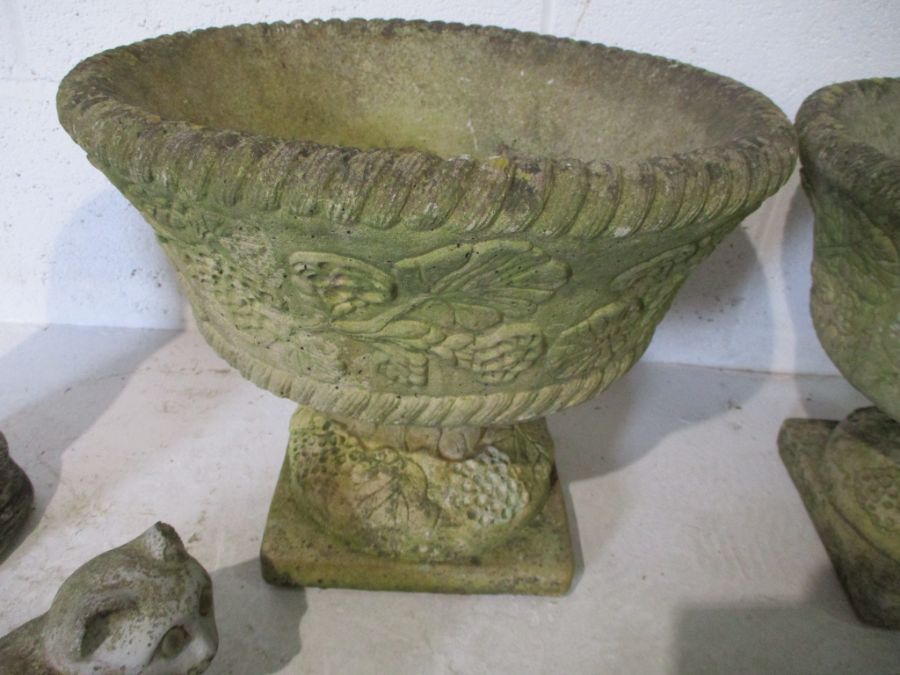 A pair of concrete garden pots on plinths, along with a collection of various concrete garden - Image 3 of 11