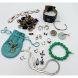 A collection of costume jewellery etc. including a pair of 9ct gold earrings 1.9g, "Theone Kerala