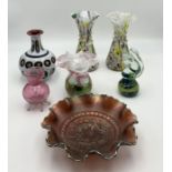 A small collection of art glass including matching vases, Mdina paperweight, iridescent bowl etc.