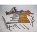 A collection of vintage tools including chisels by Sorby etc.