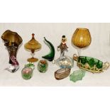 A collection of various art glass including a Murano glass clown, oversized brandy glass, Ship in