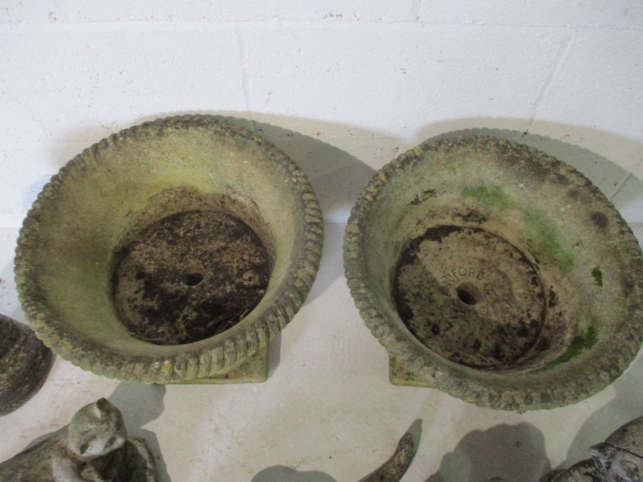 A pair of concrete garden pots on plinths, along with a collection of various concrete garden - Image 4 of 11