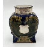 Victorian Doulton Lambeth stoneware tea caddy with silver rim and lid, empty shield shape silver