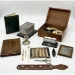 A collection of assorted items including vintage dominoes in wooden box, perpetual desk calendar,