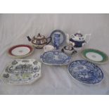 A collection of Victorian china including teapots, Queen Victoria commemorative plate etc.