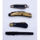 Three vintage penknives along with a Wyvern no.60 fountain pen with 14ct gold nib