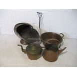 A small collection of copper/brassware including a jam/preserve pan, watering can, coal scuttle,