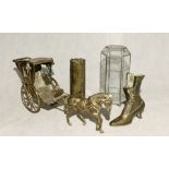 A small collection of brassware etc including horse and carriage, brass boot, trench art shell,