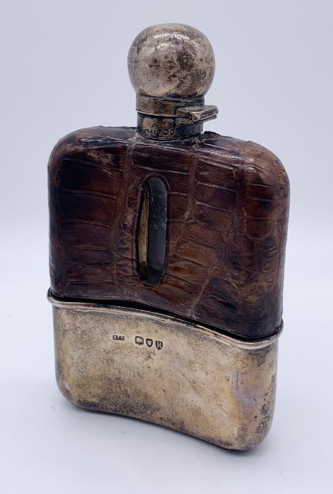 A hallmarked silver hip flask with crocodile skin cover, London 1892 - Image 2 of 4