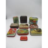 A small collection of advertising tins, including Butlins Holiday Camp, Oxo cubes, W O Larsens Old