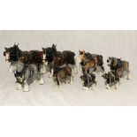 Eight Melrose Pottery Shire horses in harness