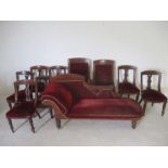 Edwardian Salon suite consisting of chaise lounge, his and her arm chairs plus seven dining chairs.