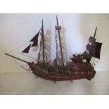 A large wooden model three masted sailing ship, length 105cm
