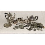 A collection of various silver plated items including teapots, cream jugs, cutlery etc.