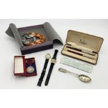 A vintage Parker pen set, hallmarked silver spoon, Queen Elizabeth medal, costume jewellery etc.