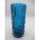 A Whitefriars Kingfisher blue bark vase of cylindrical form. designed by Geoffrey Baxter, height