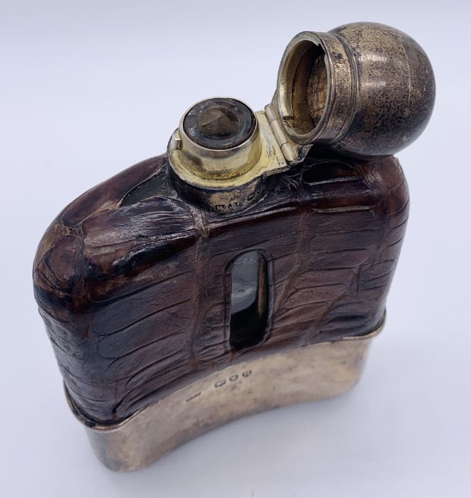 A hallmarked silver hip flask with crocodile skin cover, London 1892 - Image 3 of 4