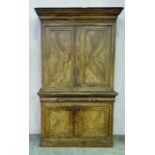 A Victorian pine cupboard on cupboard with single drawer, scumble glazed