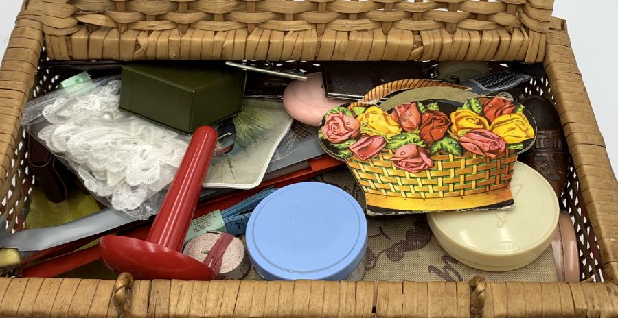 A wicker basket containing a quantity of sewing related items, books, buttons etc. - Image 2 of 3