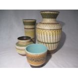 Three West German vases along with an Art Deco two handled bowl on stand, a couple of chips to