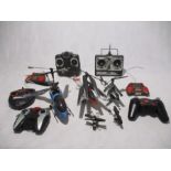 A collection of five remote control helicopters