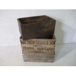 Three vintage wooden crates, stamp marked Matthew Gloag & Son (Perth, Scotland), Fortnum & Mason Ltd