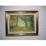 A framed oil painting on board entitled "Yellow Days" by Pamela Derry - Overall size 46cm x 61cm