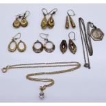A collection of 9ct gold earrings including Etruscan style, total weight 7.7g ( some A/F) along with