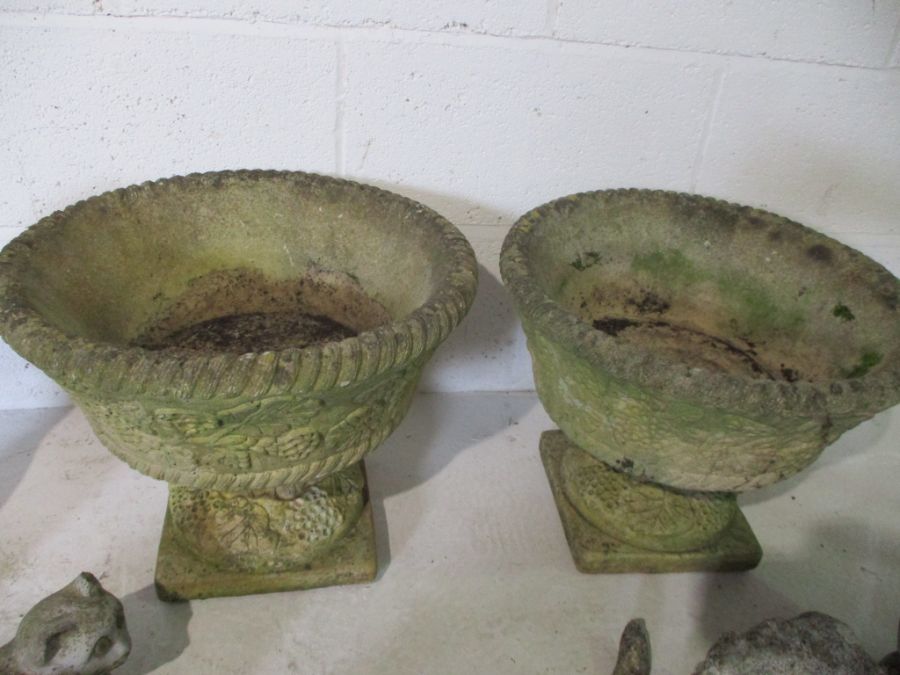 A pair of concrete garden pots on plinths, along with a collection of various concrete garden - Image 2 of 11