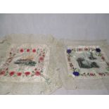 Two hand painted and embroidered cushion covers circa WWI showing Ypres and Peronne