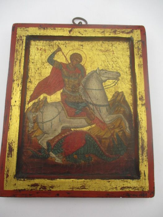 Greek Icon of Saint George and the Dragon.A rectangular wooden board ( approx 23cm x 18.75cm) with