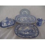 A collection of blue and white china including large meat platter, terrine etc.