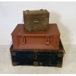 Three vintage boxes including a metal ammo box, a wooden trunk named to F/LT Roberts and a field