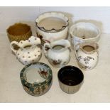 A collection of ceramic jugs and pots including Regency Stoneware fish bowl etc.