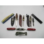 A collection of various knives and two cut throat razors including "Big Swede" by Eka, J Howill,